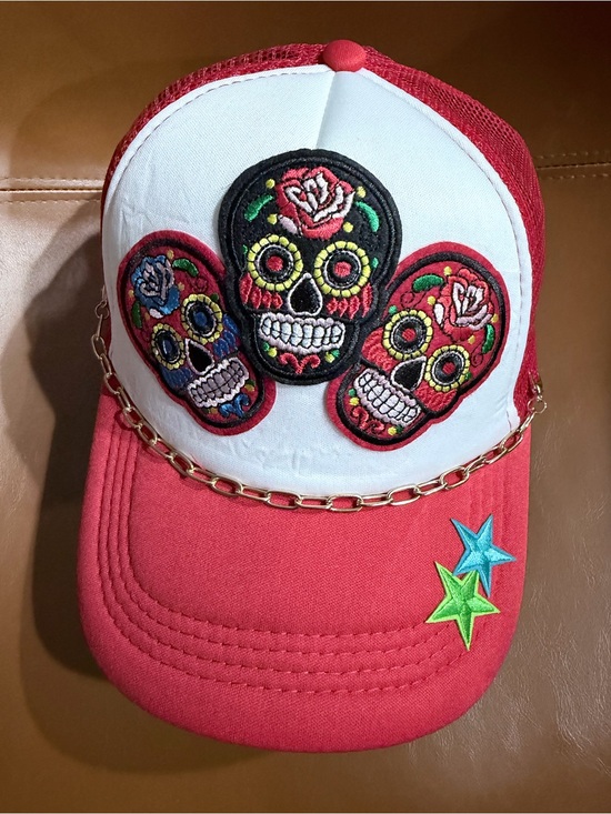 Accessories - Red Sugar Skull Trucker Hat with Chain Accent